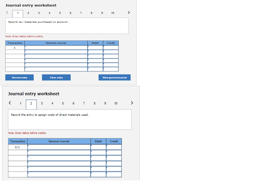 Prepare journal entries to record transactionsathroughh.Raw materials purchased on credit, $114,000.Direct materials