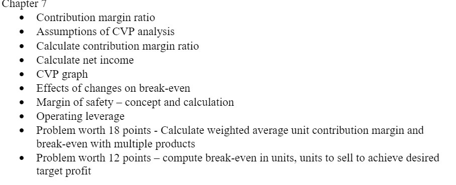  Chapter T 0 Contribution margin ratio 0 Assumptions of CVP analysis