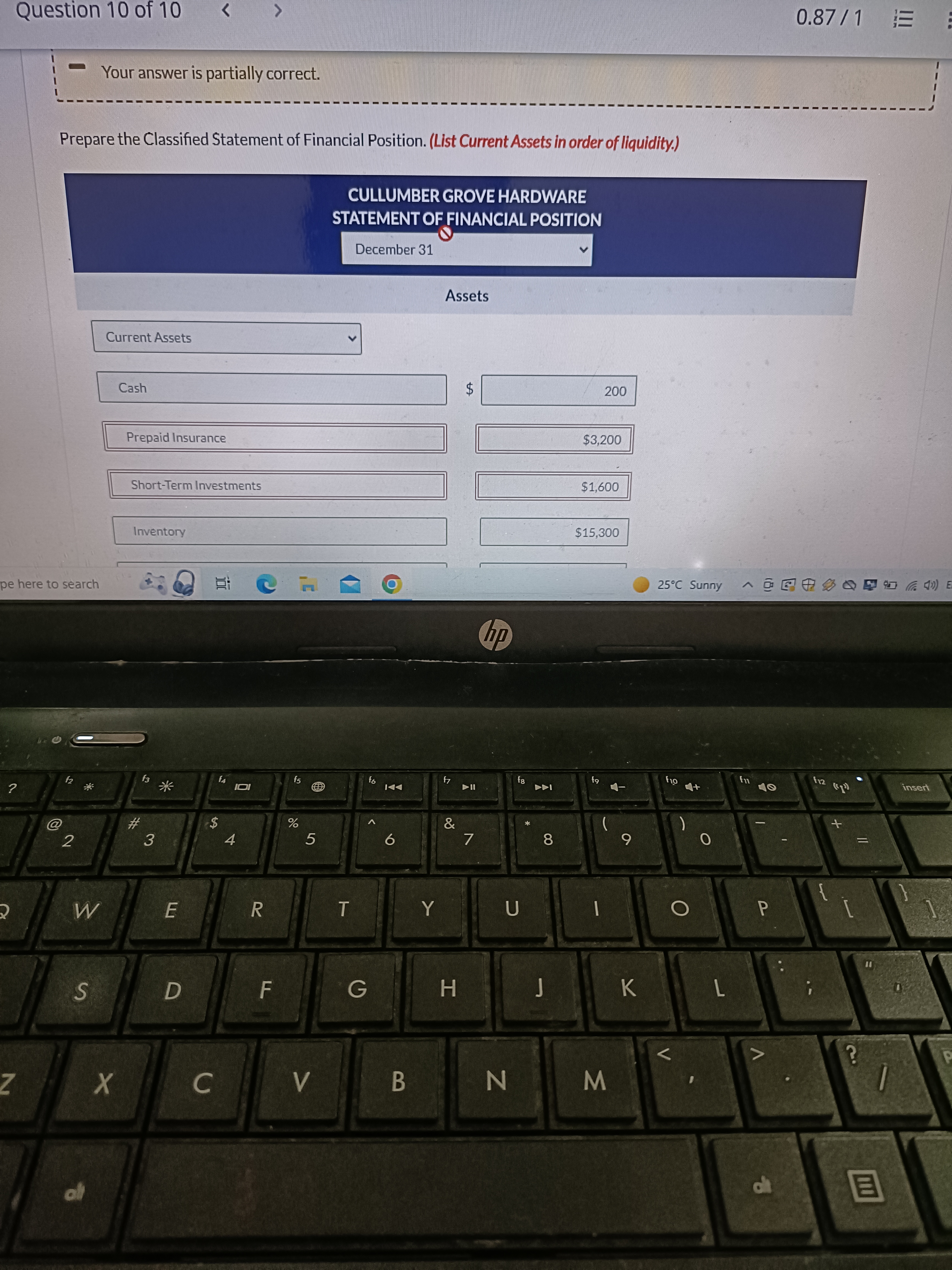 Question 10 of 10 your answer is partially porrect] Prepare the Classified