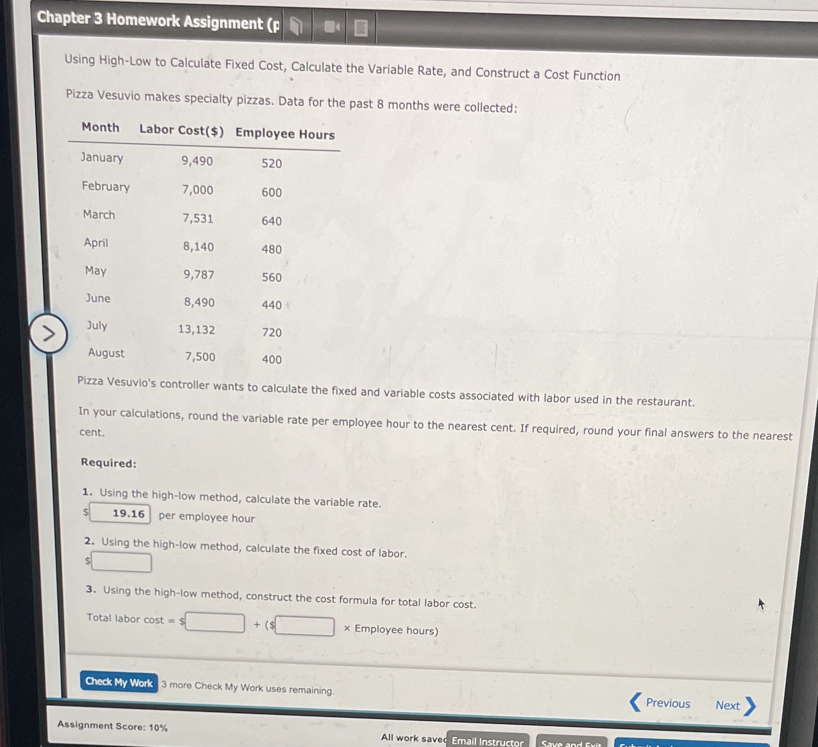  Chapter 3 Homework Assignment (p Using High-Low to Calculate Fixed Cost,