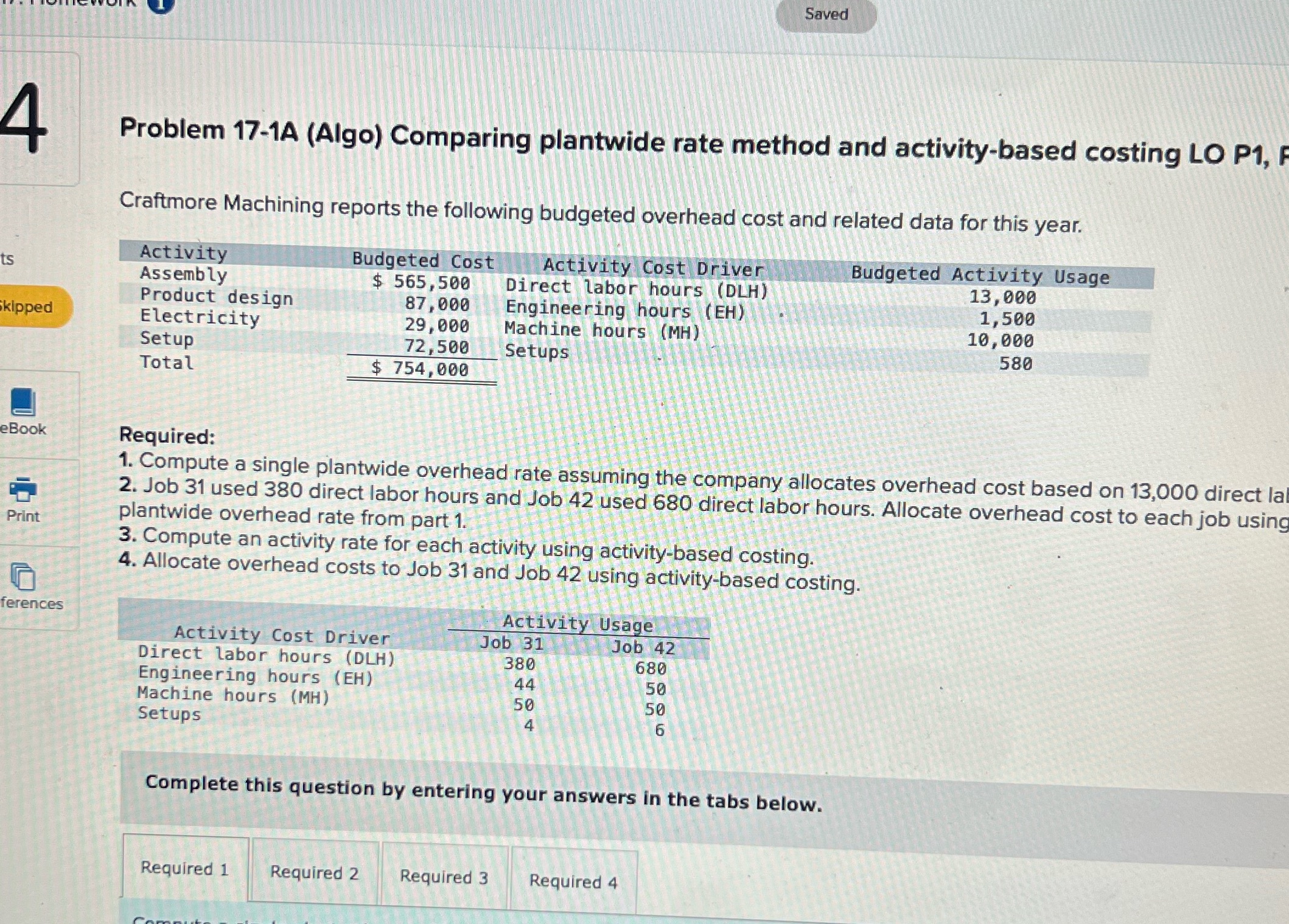  Saved Problem 17-1A (Algo) Comparing plantwide rate method and activity-based costing
