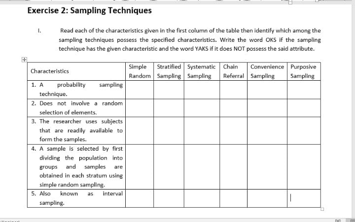 Exercise 2: Sampling Techniques I. Read each of the characteristics given