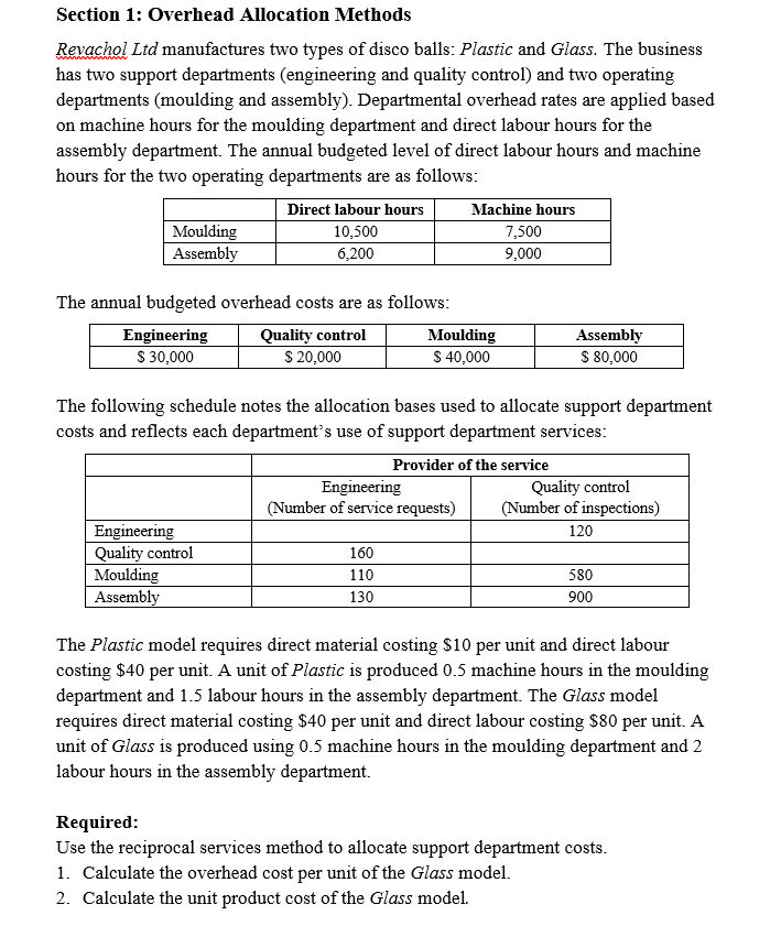  Section 1: Overhead Allocation Methods Revachol Lid manufactures two types of