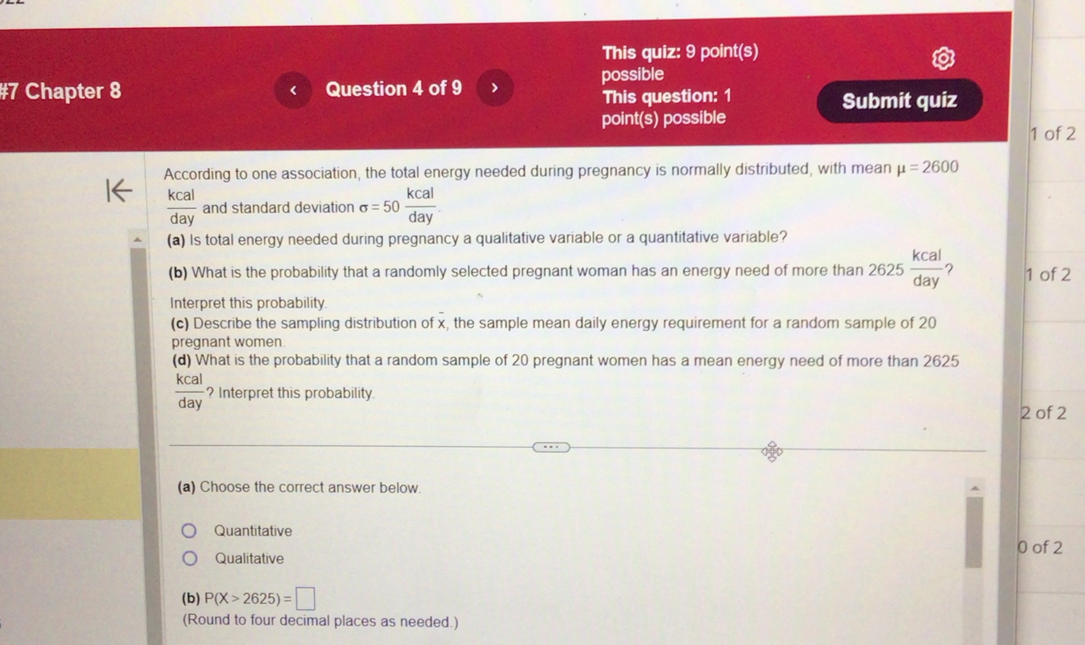 *7 Chapter 8 Question 4 of 9 This quiz: 9 point(s) possible