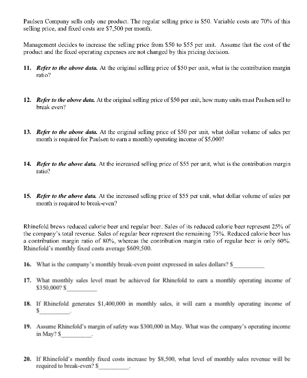 helpful: Class exercise - Cost-Volume-Profit Relationships (2 marks) Information regarding a product