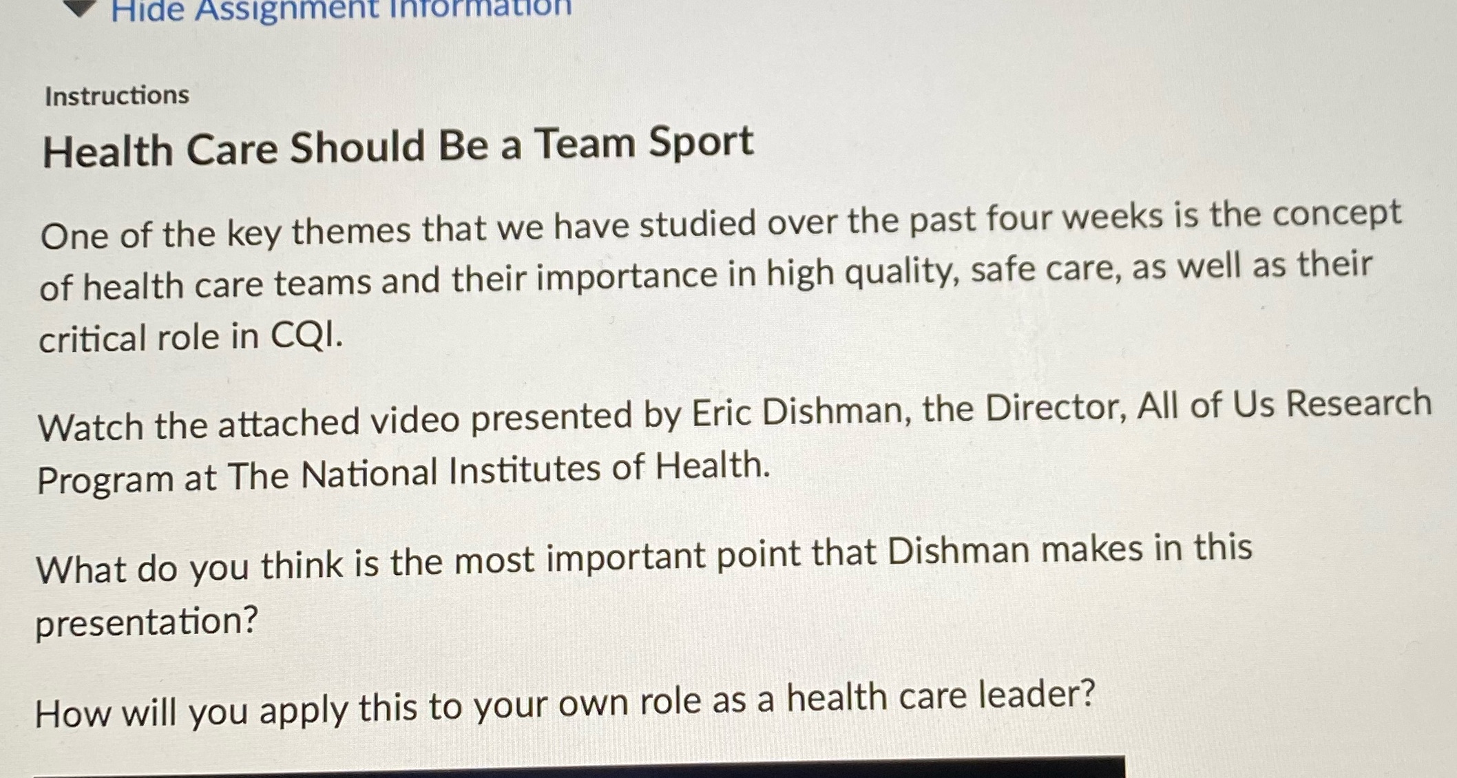  Hide Assignment Information Instructions Health Care Should Be a Team Sport