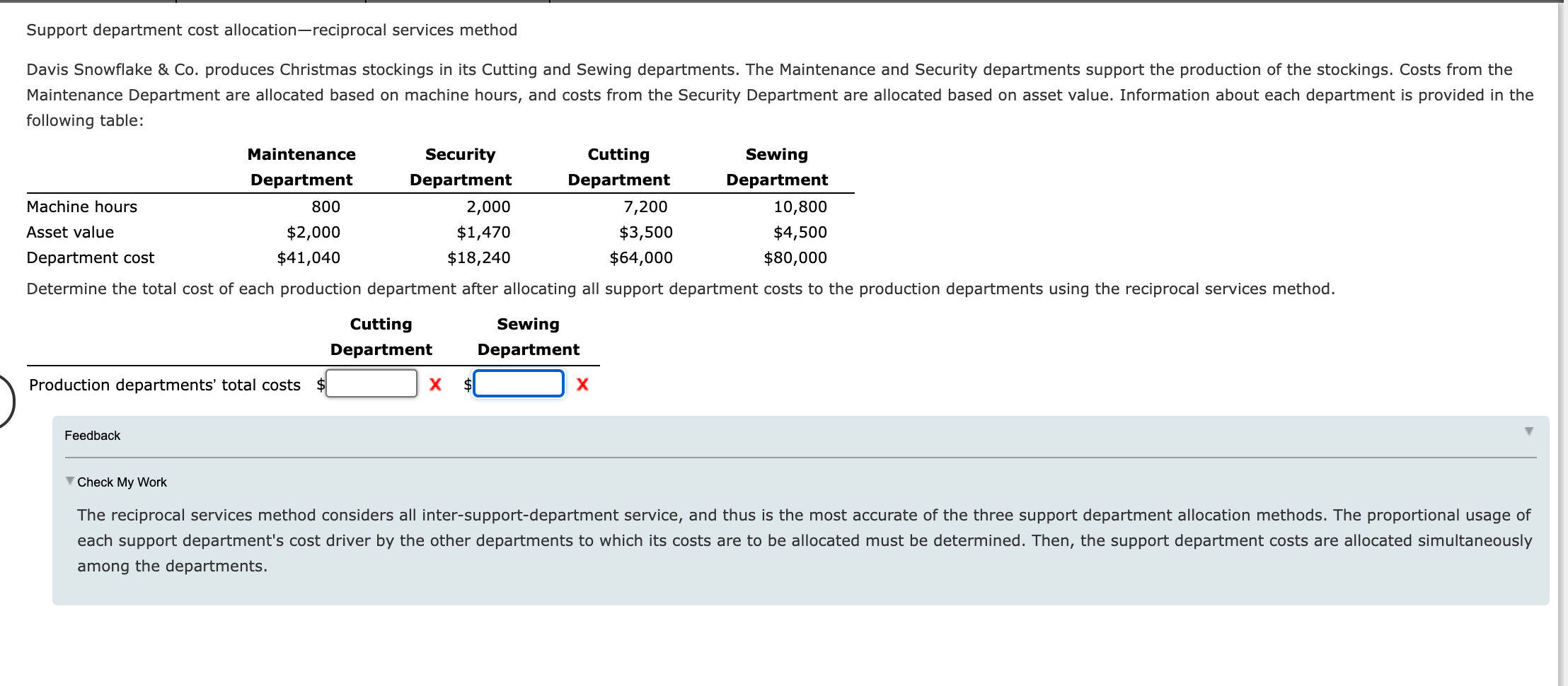 Support department cost allocationreciprocal services method Davis Snowflake & Co. produces