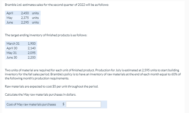 need help Bramble Ltd. estimates sales for the second quarter of 2022