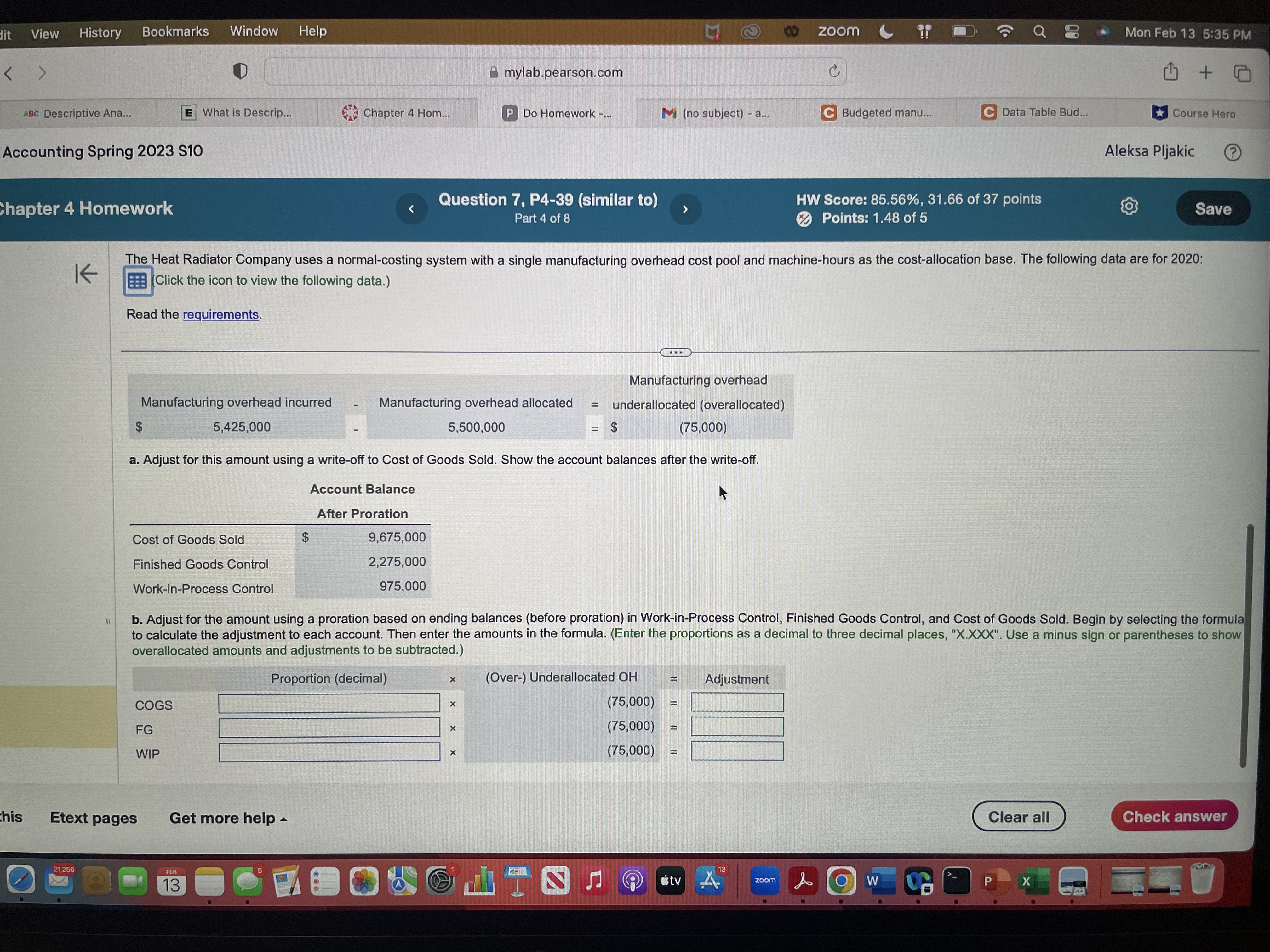 Table Bud. Spring 2023 $10 Aleksa lomework Question 7, P4-39 (similar to)