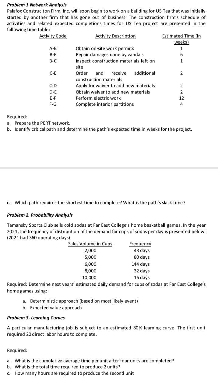  Problem 1 Network Analysis Palafox Construciton Firm, Inc. will soon begin