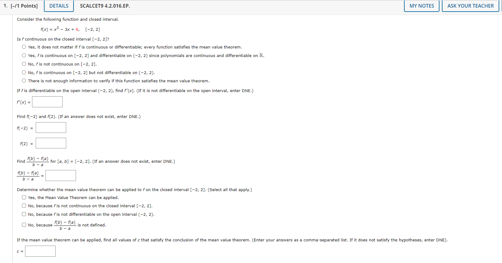 4.2 Homework - The Mean Value Theorem (Homework) 1. [-/1 Points] DETAILS