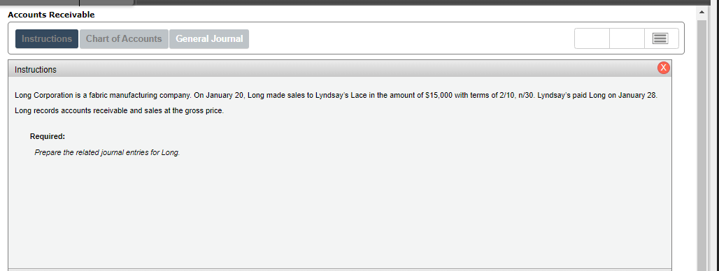 Accounts Receivable Instructions Instructions hart of Accounts General Joumal Long Corporation is