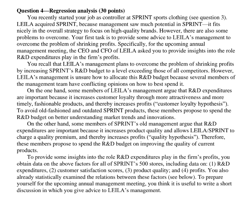  Question 4-Regression analysis (30 points) You recently started your job as