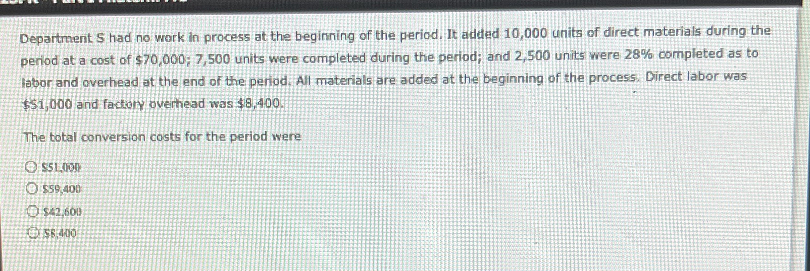  Department S had no work in process at the beginning of