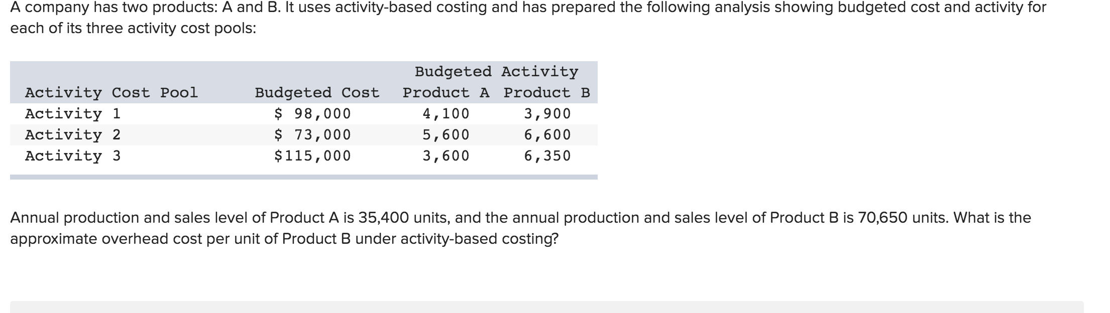 Activity 2 is $13.57. 0 The activity rate under the activity-based costing