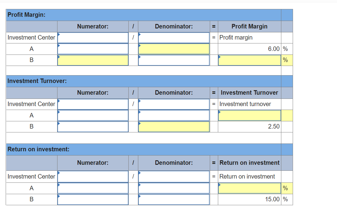 investment centers A and B. Investment Center A B Sales $ ?