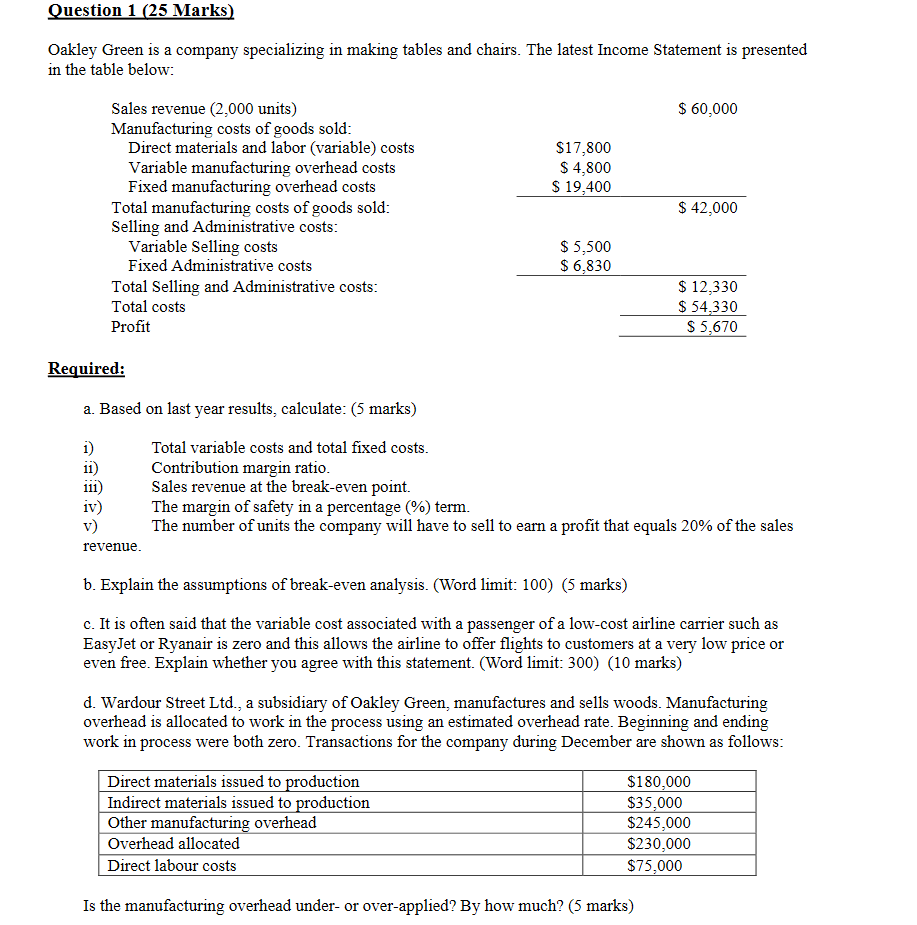  Please help especially for part d Question 1 [25 Marks} Oakley