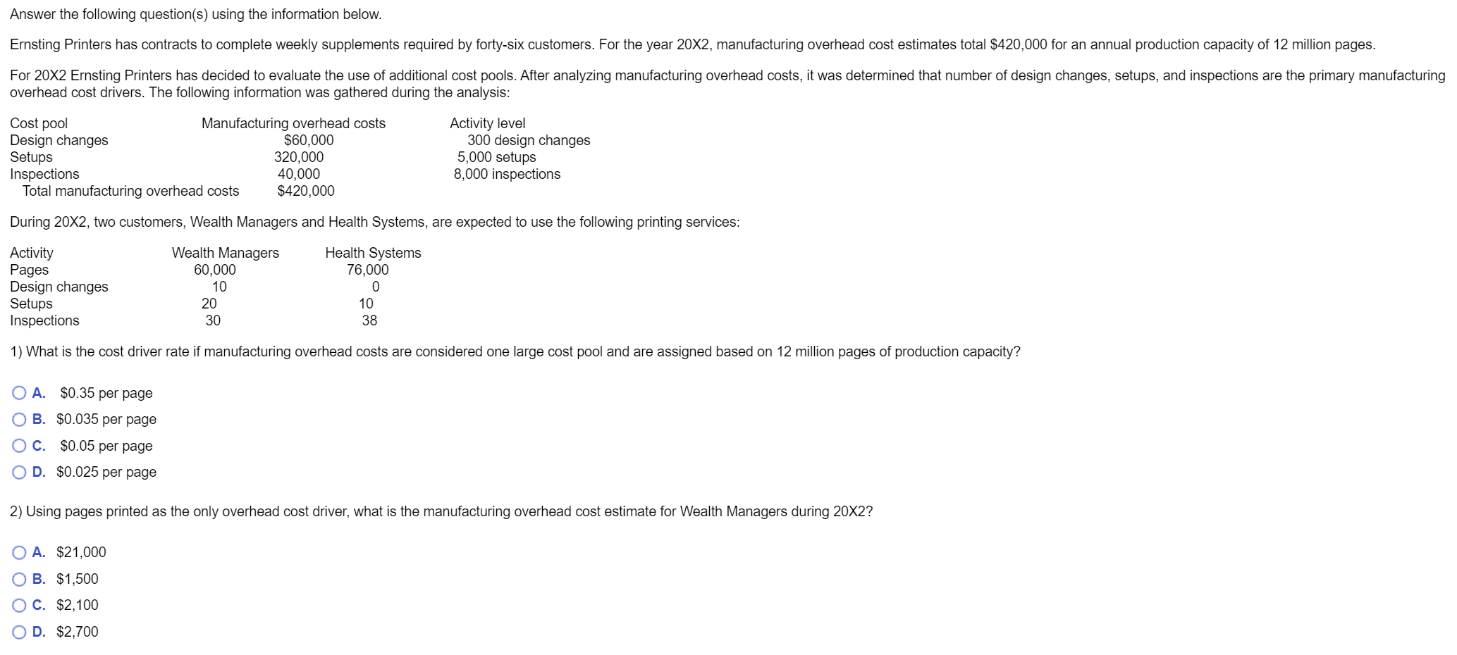  Answer the following question(s) using the information below. Ernsting Printers has