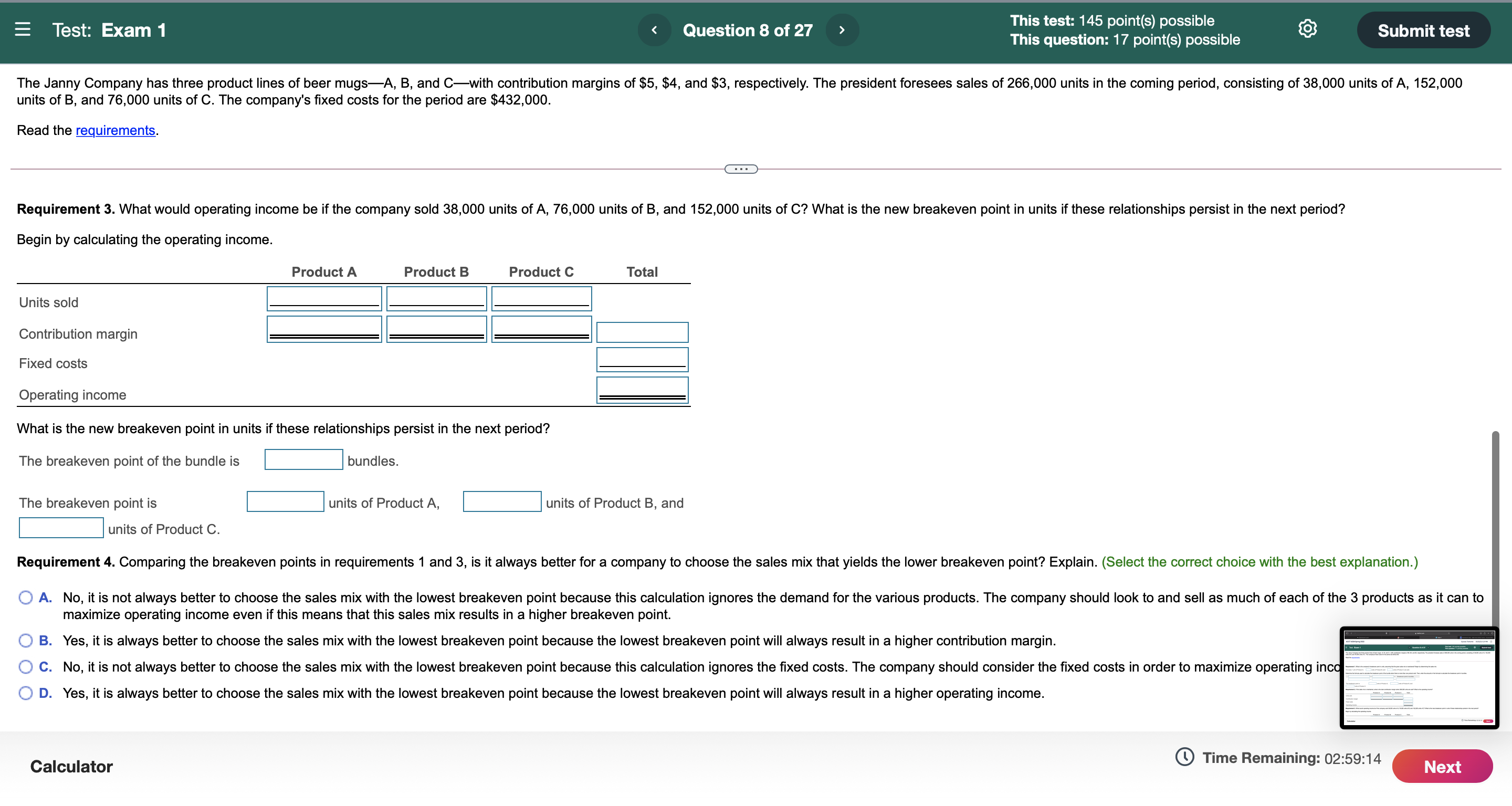 This test: 145 point(s) possible This question: 17 point(s) possible E