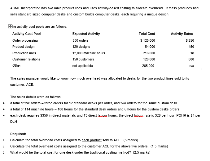  ACME Incorporated has two main product lines and uses activity-based costing