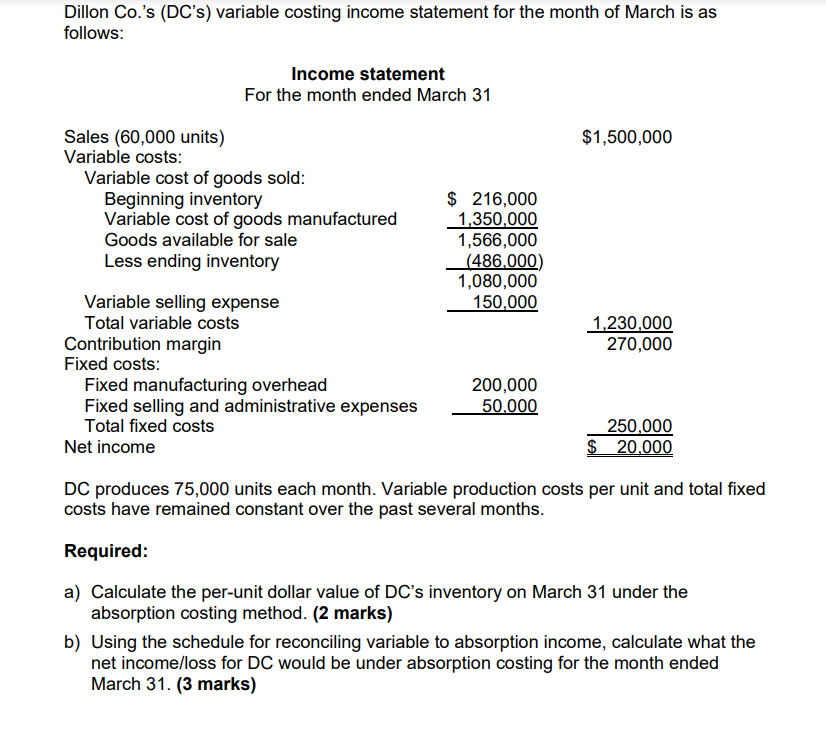 Dillon Co's {DC's} variable costing income statement for the month of