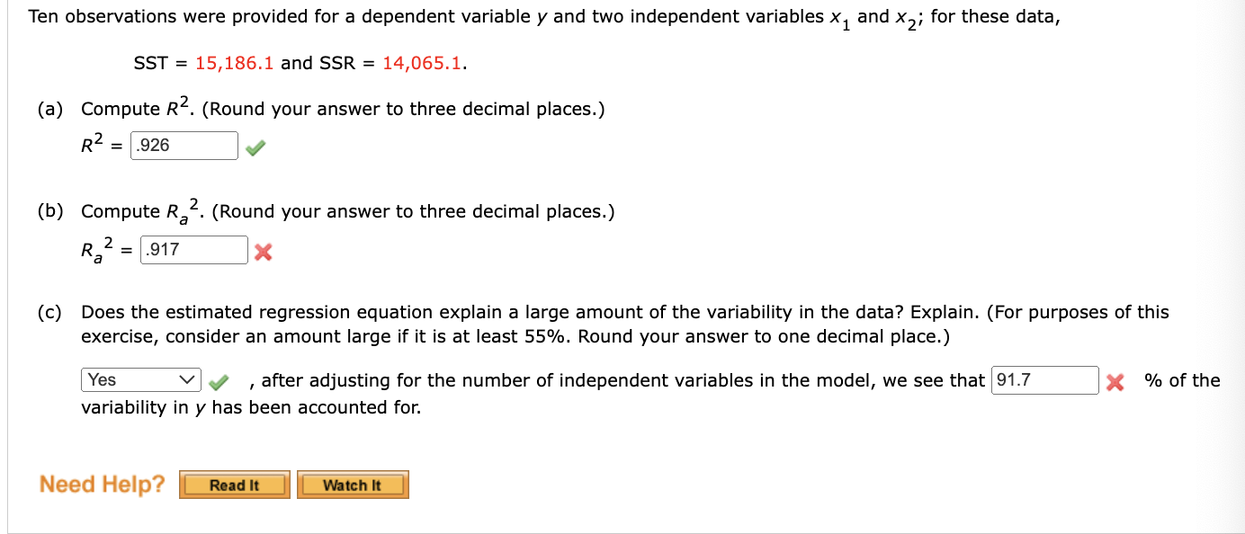 Ten observations were provided for a dependent variable y and two