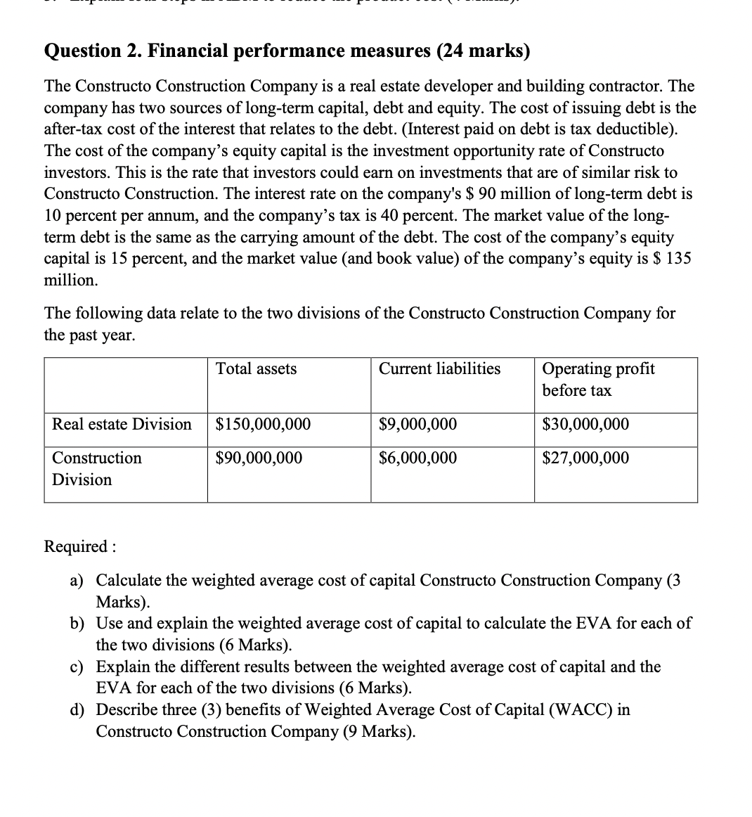  Question 2. Financial performance measures (24 marks) The Constructo Construction Company