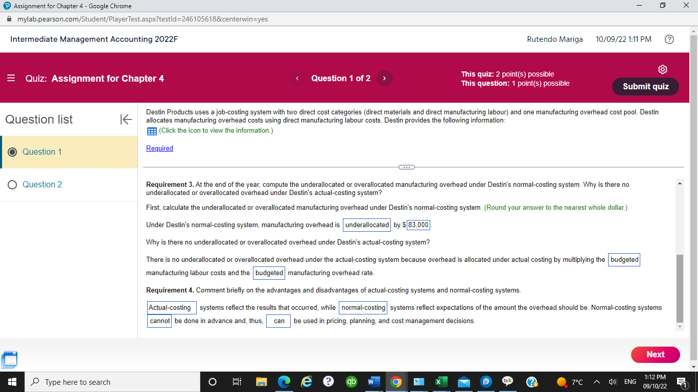 for Chapter 4 Question 1 of 2 This quiz: 2 point(s) possible