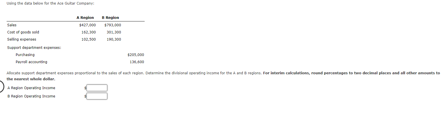 Using the data below for the Ace Guitar Company: A Region
