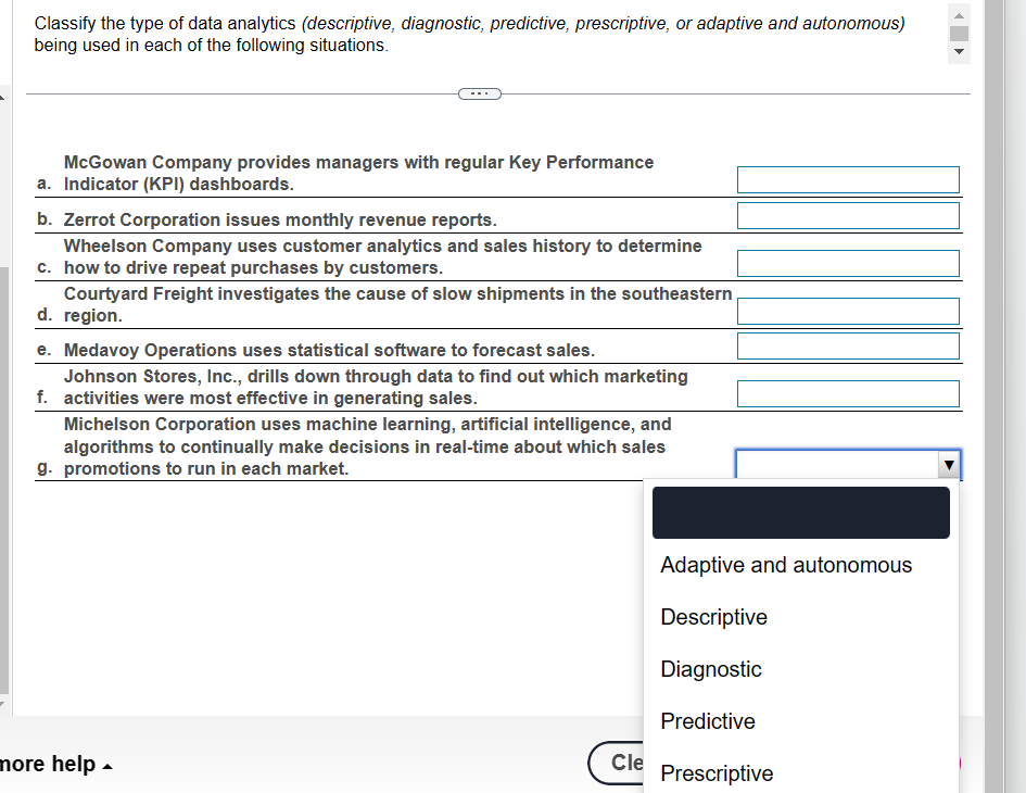  Classify the type of data analytics (descriptive, diagnostic, predictive, prescriptive, or
