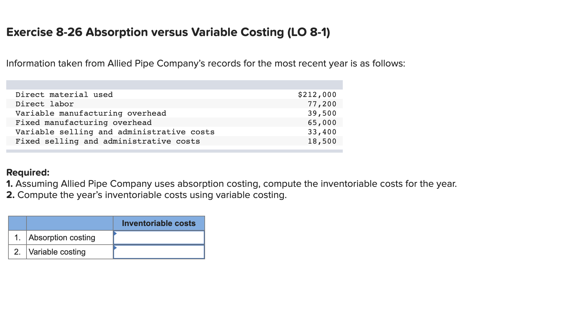 Exercise 8-26 Absorption versus Variable Costing (LO 8-1) Information taken from