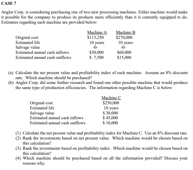 Please Show Work...Thanks CHE T Angler Corp. is considering purchasing one of