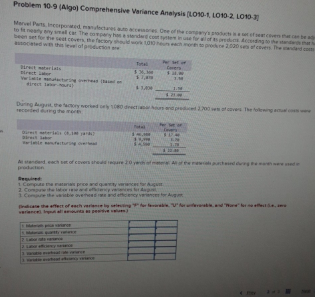 any help would be greatly appreciated Problem 10-9 (Algo) Comprehensive Variance Analysis