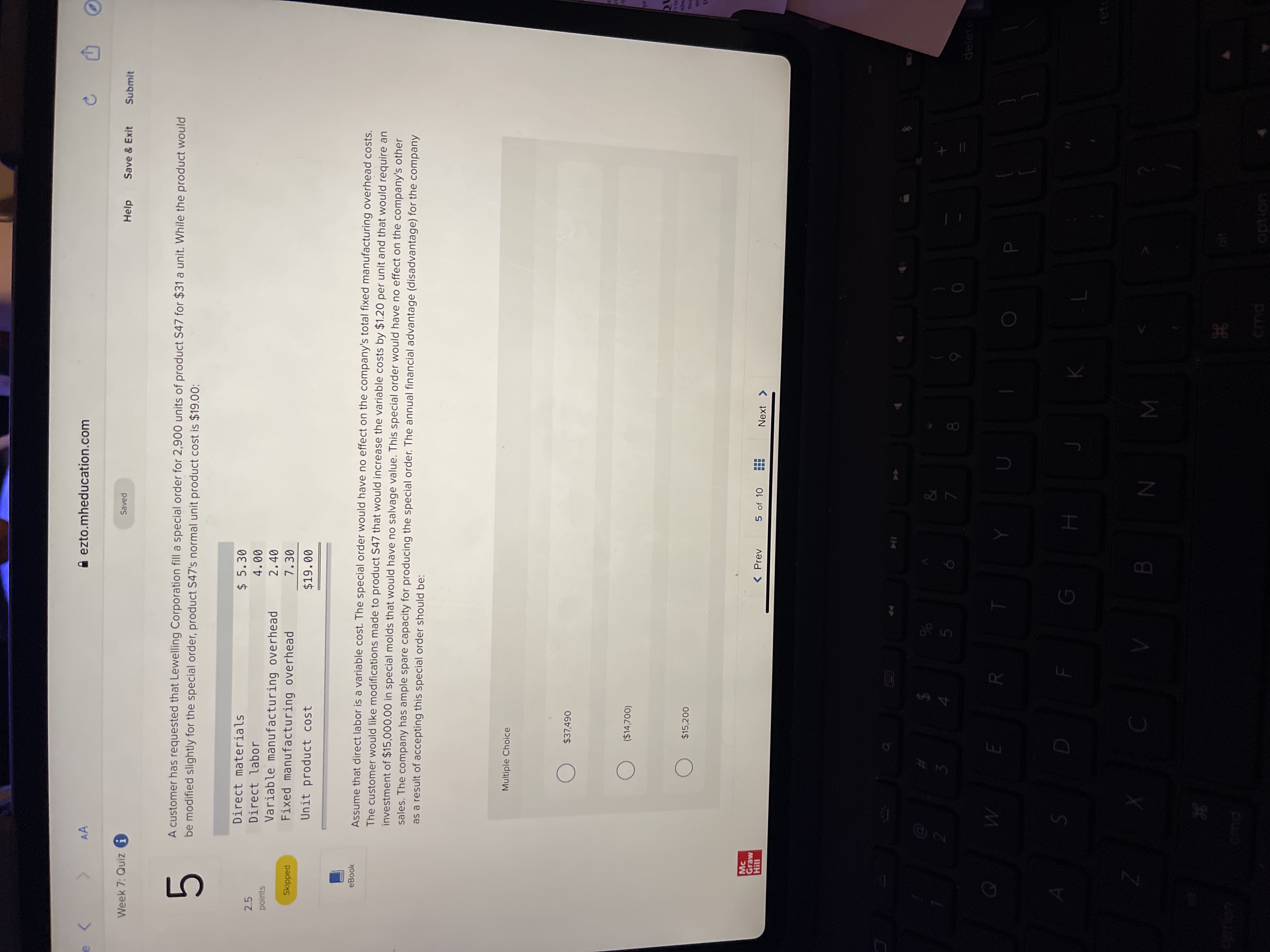  AA ezto.mheducation.com C Week 7: Quiz i Saved Help Save &