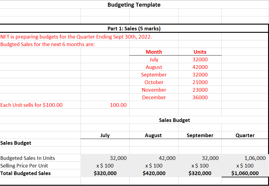 Budgeting Template Part 1: Sales (5 marks) NFT is preparing budgets