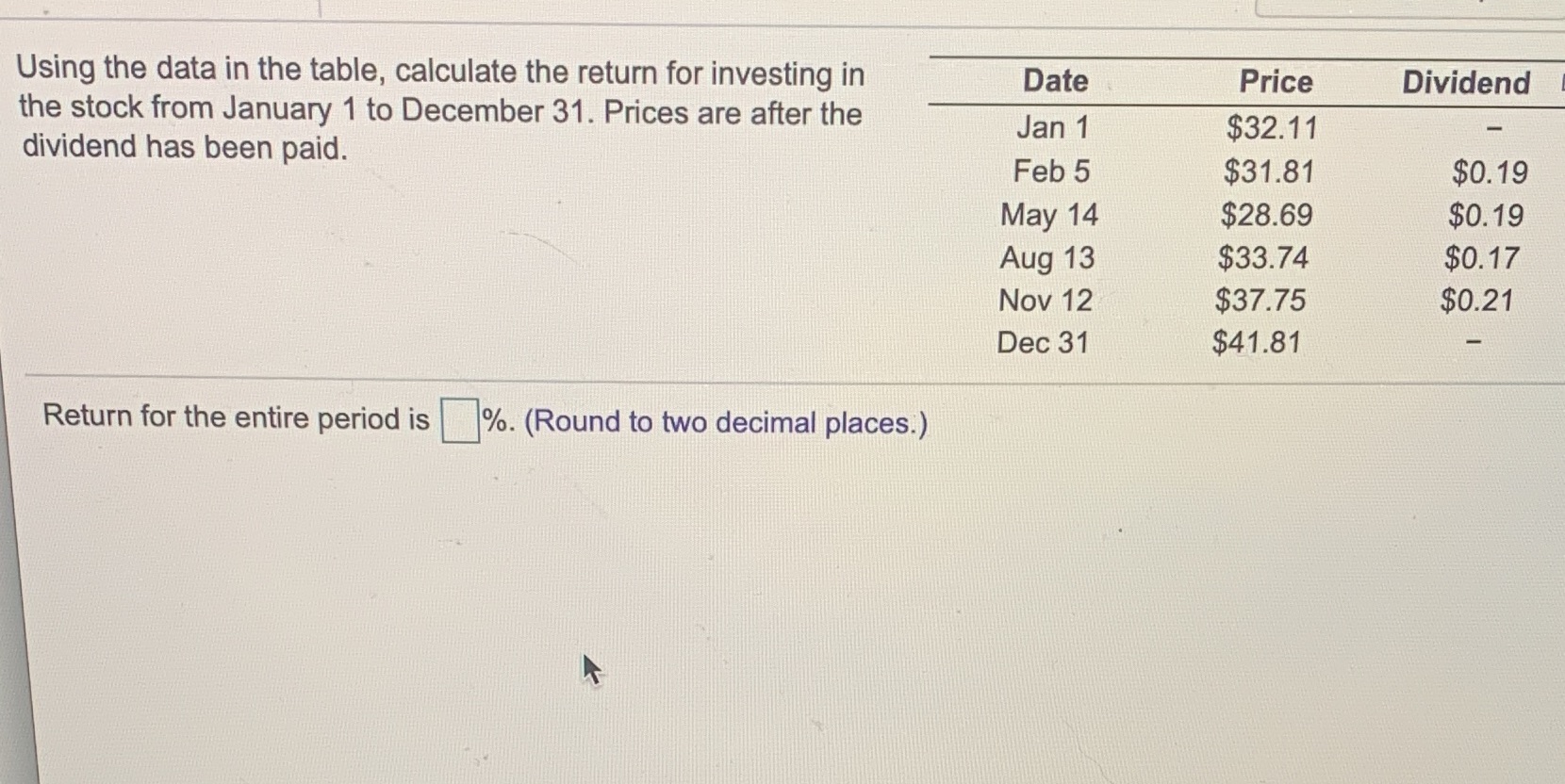  Using the data in the table, calculate the return for investing
