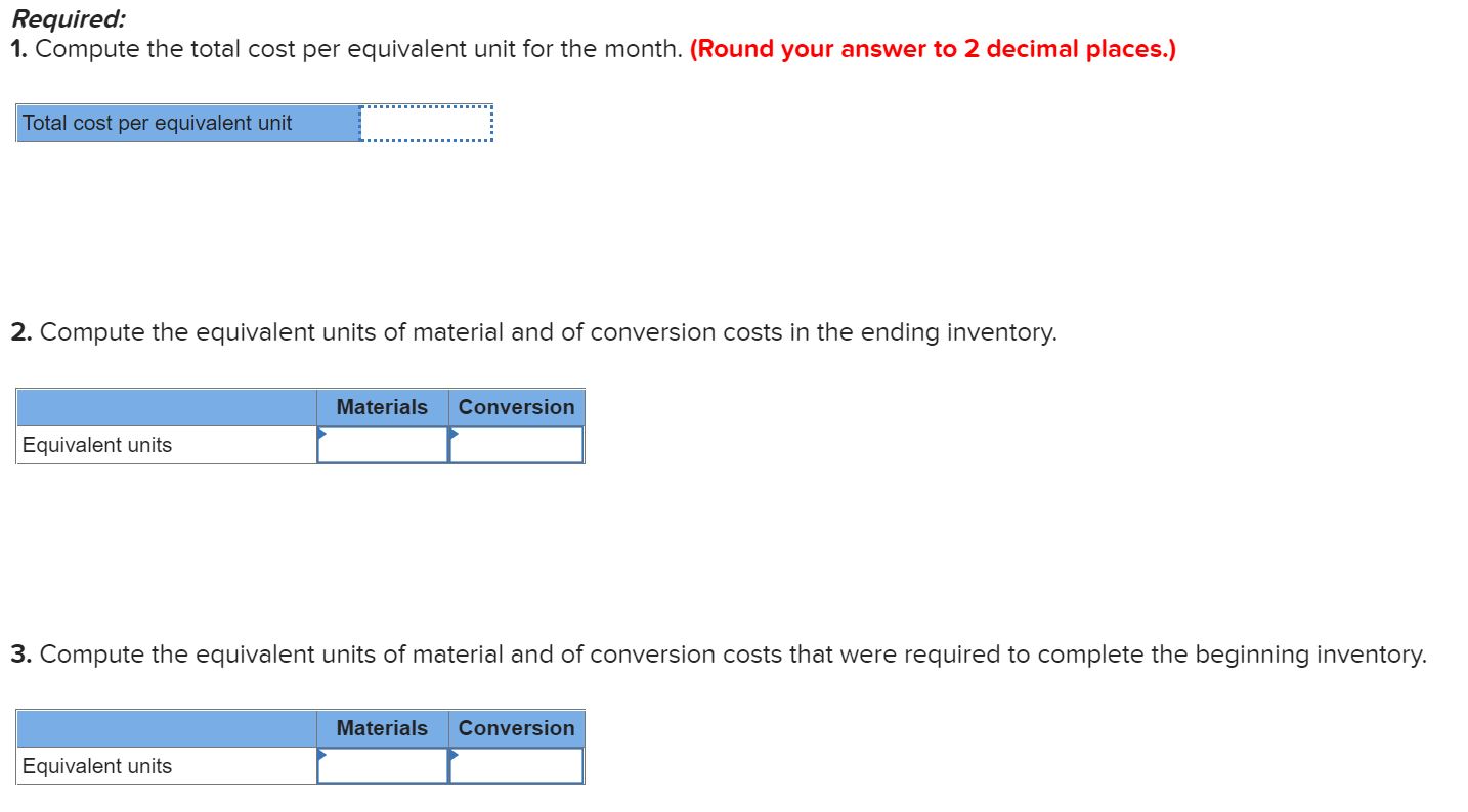 The following data are for the most recent month of operations in