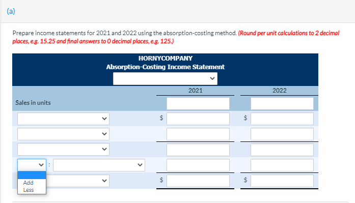 company for 2021 and 2022: 2021 2022 Units produced 62.400 52,000 Units