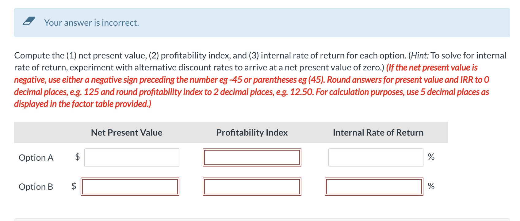  I Your answer is incorrect. Compute the (1) net present value,