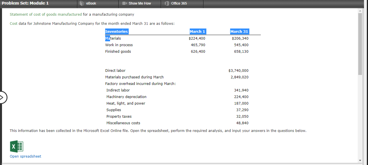  Problem Set: Module 1 eBooK Show Me How Statement of cost