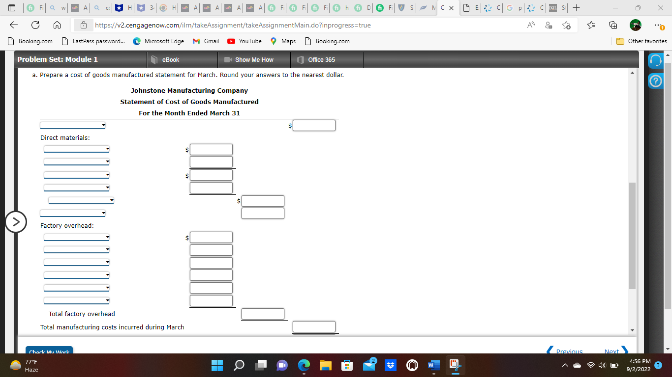 of goods manufactured for a manufacturing company Cost data for Johnstone Manufacturing
