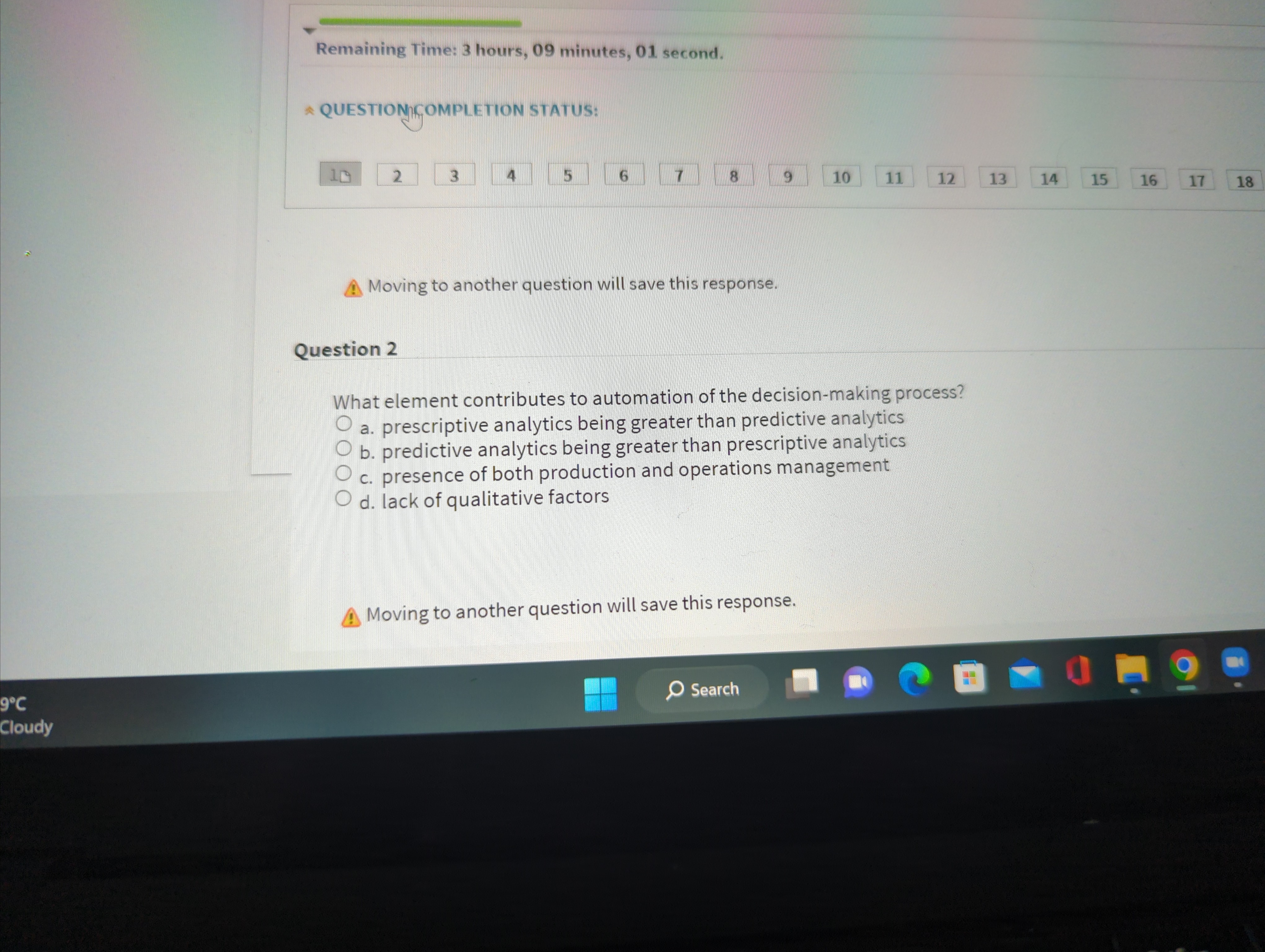 Remaining Time: 3 hours, 09 minutes, 01 second. QUESTION COMPLETION STATUS: