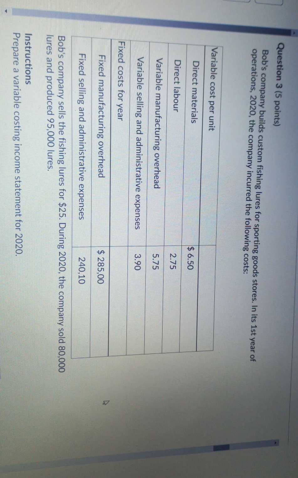 explain fully Question 3 (5 points) Bob's company builds custom fishing lures