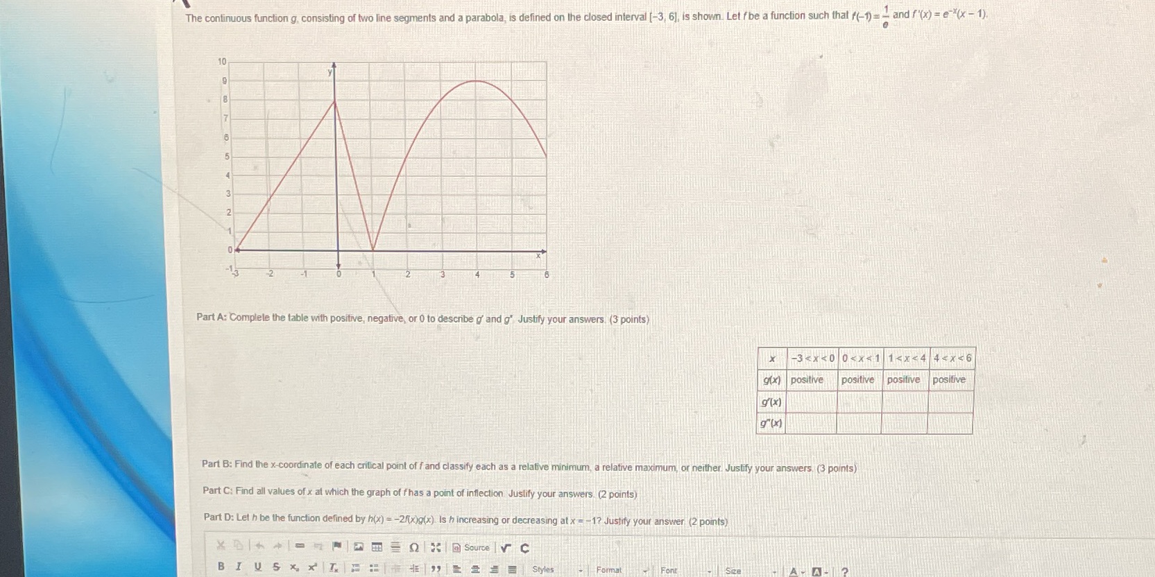  The continuous function g, consisting of two line segments and a