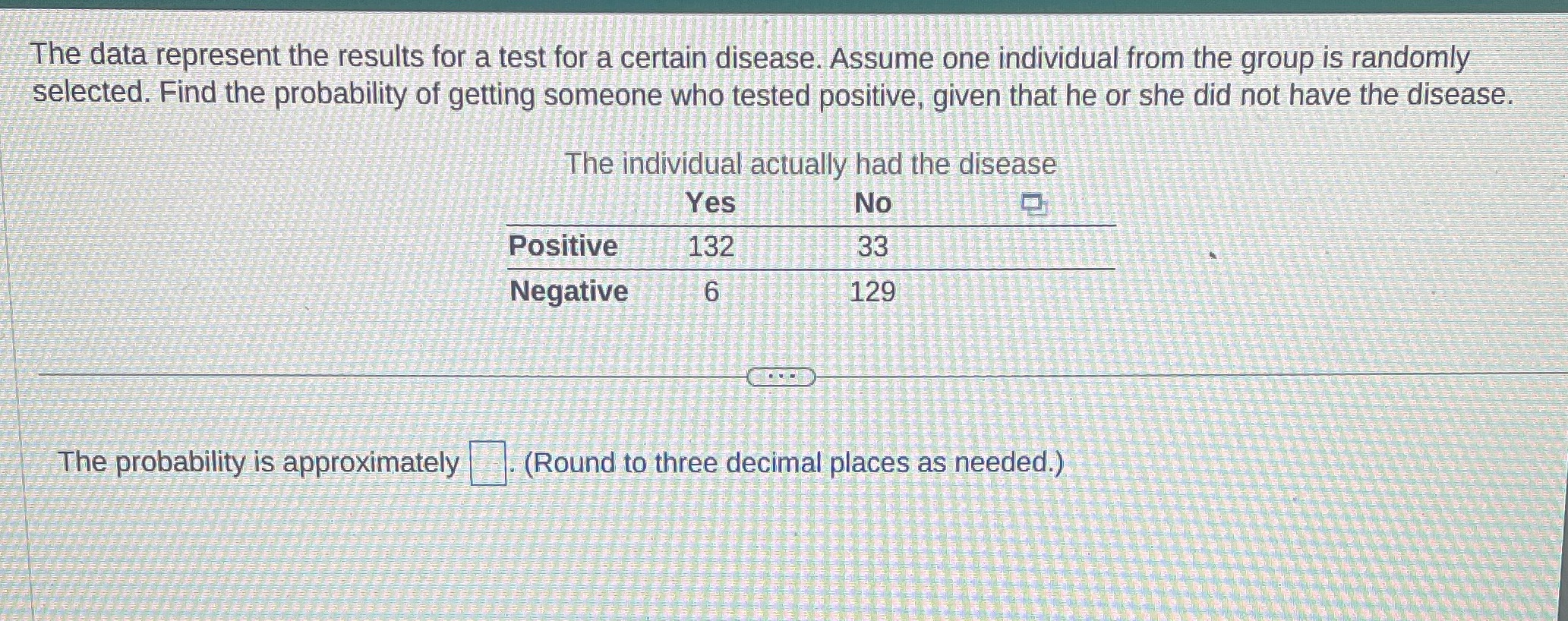 The data represent the results for a test for a certain