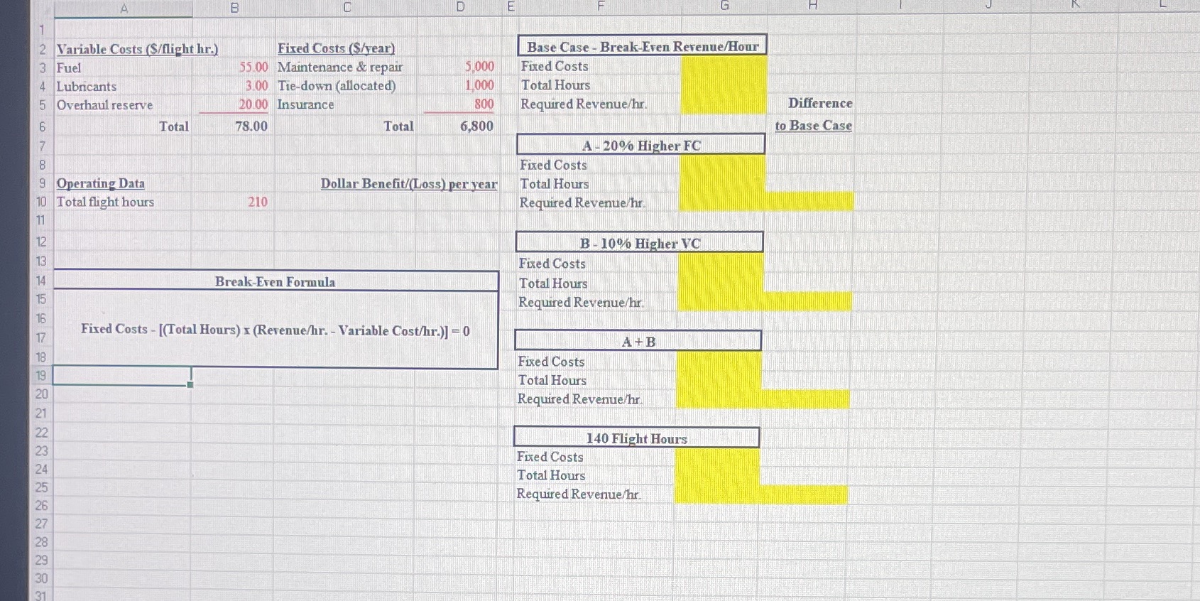 Please include formulas. A B D E G Variable Costs (S/flight hr.)