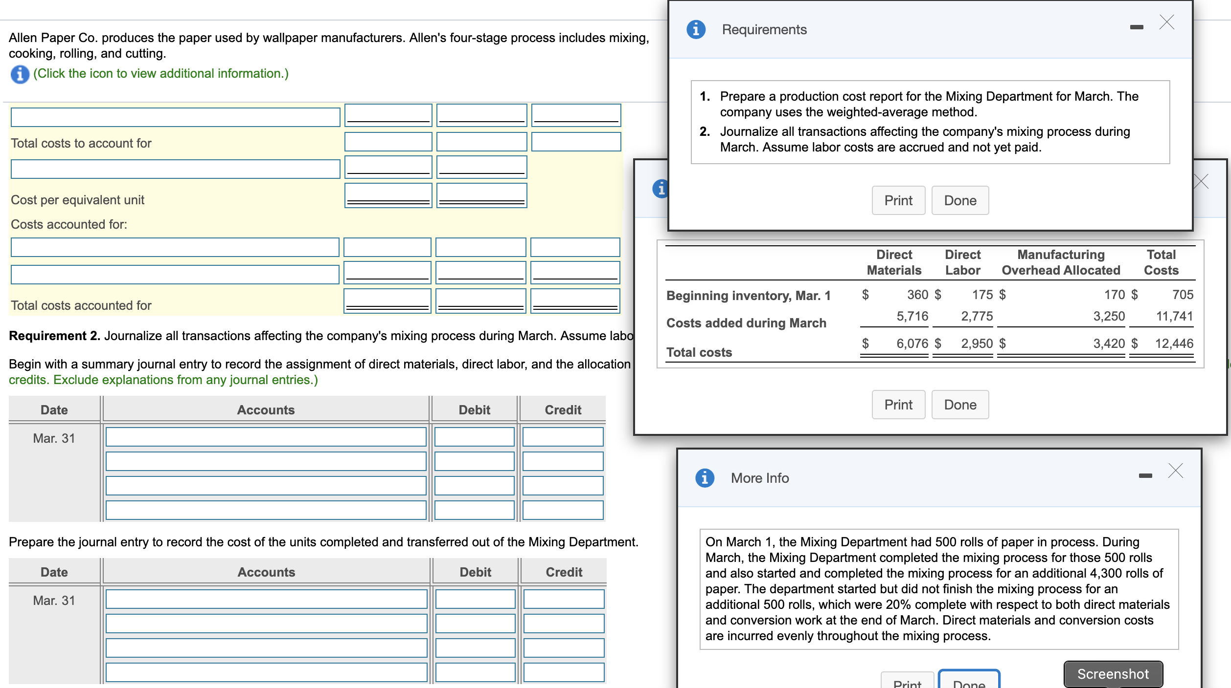 view additional information.) Equivalent Units 1. 2. Requirements Prepare a production cost