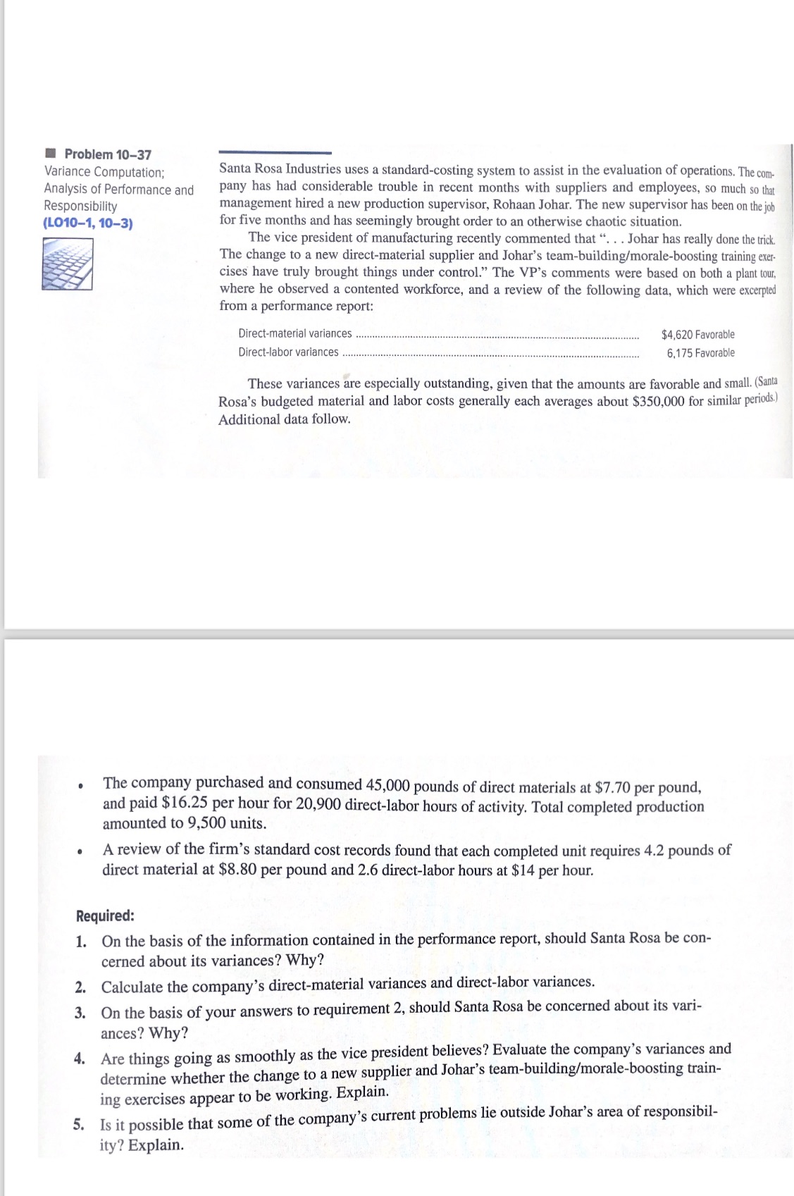 Please help me to solve this problem Problem 10-37 Variance Computation; Santa