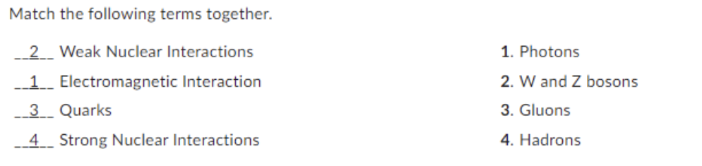 Match the following terms together. 2__ Weak Nuclear Interactions 1. Photons