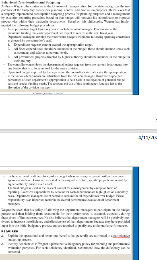 Behavioral Considerations and Budgeting Anthony Wagner, the controller in the Division